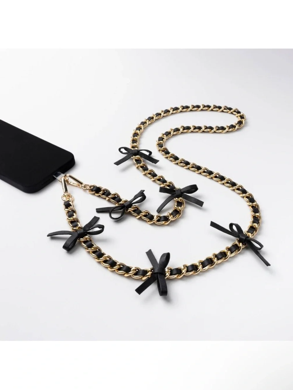 Hello Lux Phone Crossbody Strap - Golden Chain with Black Faux Leather Bows